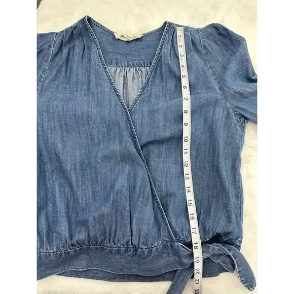 Madewell Women's Denim Top Wrap V-Neck Puff Sleeve Small - Picture 5 of 11
